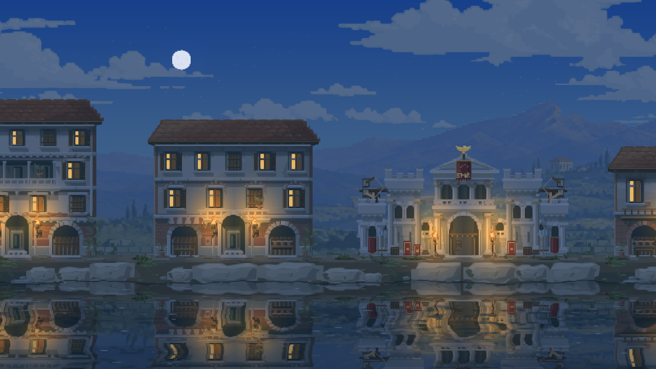 Warm torchlight and illuminated Roman buildings reflected in the river at night