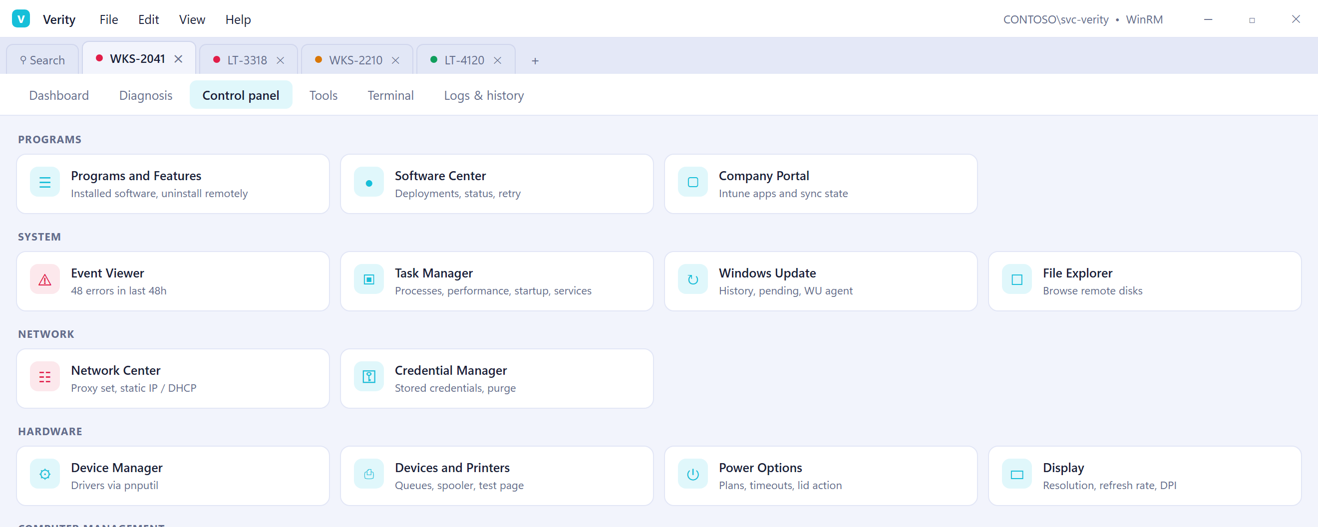 Verity control panel catalogue with software, system, network and hardware tools