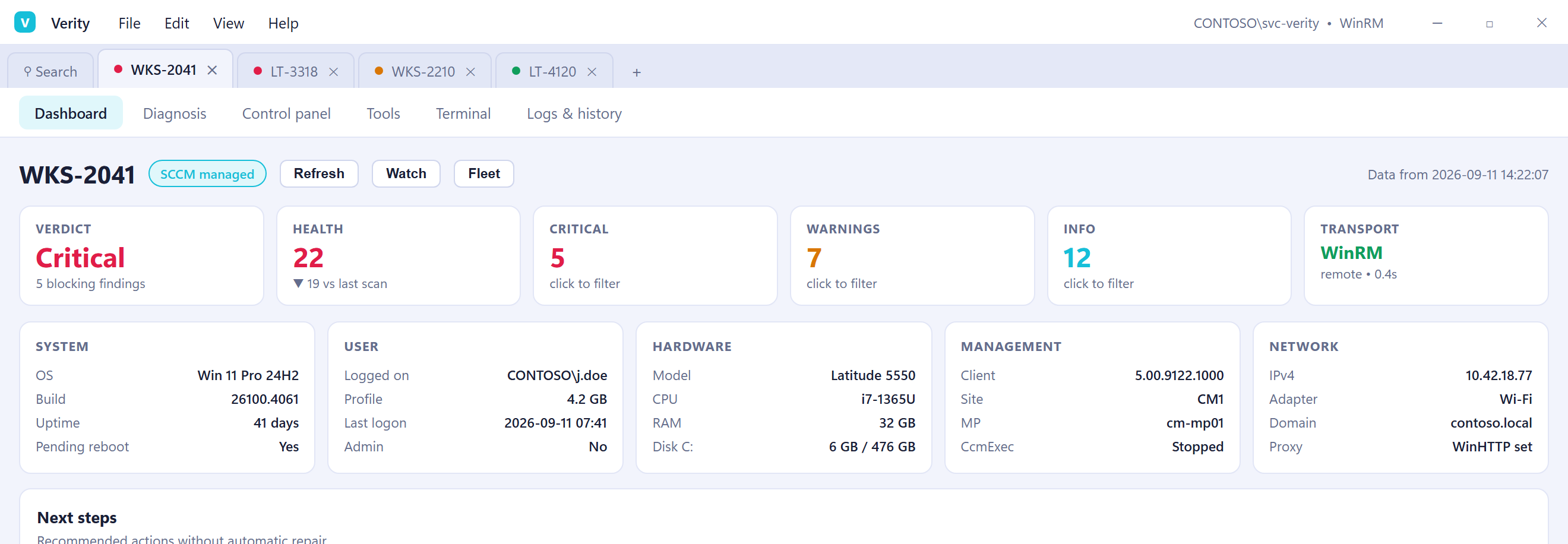 Verity dashboard showing an example endpoint with health, findings, hardware, management and WinRM connection details