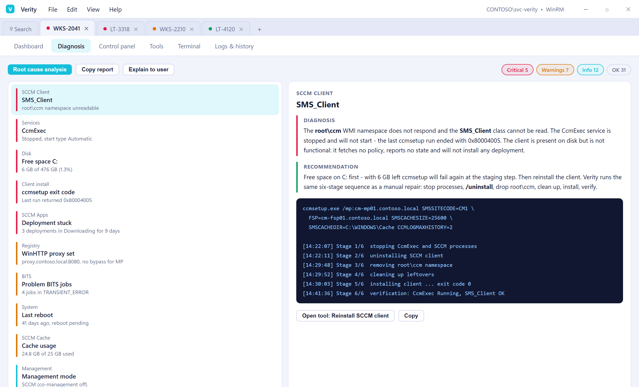 Verity diagnosis view with severity filters, SCCM client findings and a recommendation with an example repair transcript