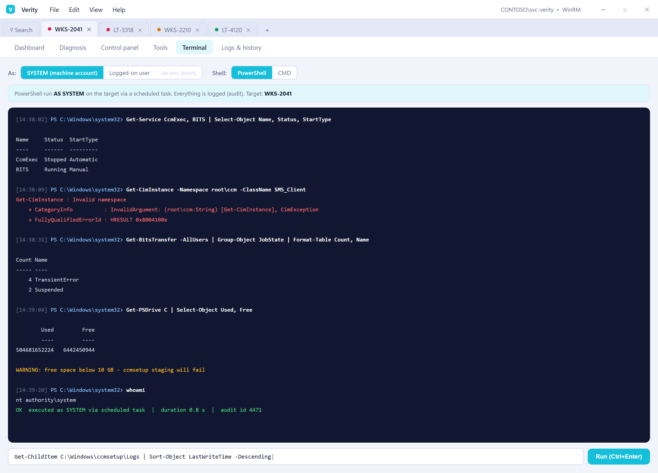 Verity terminal showing example PowerShell diagnostics in SYSTEM context with execution output and an audit reference
