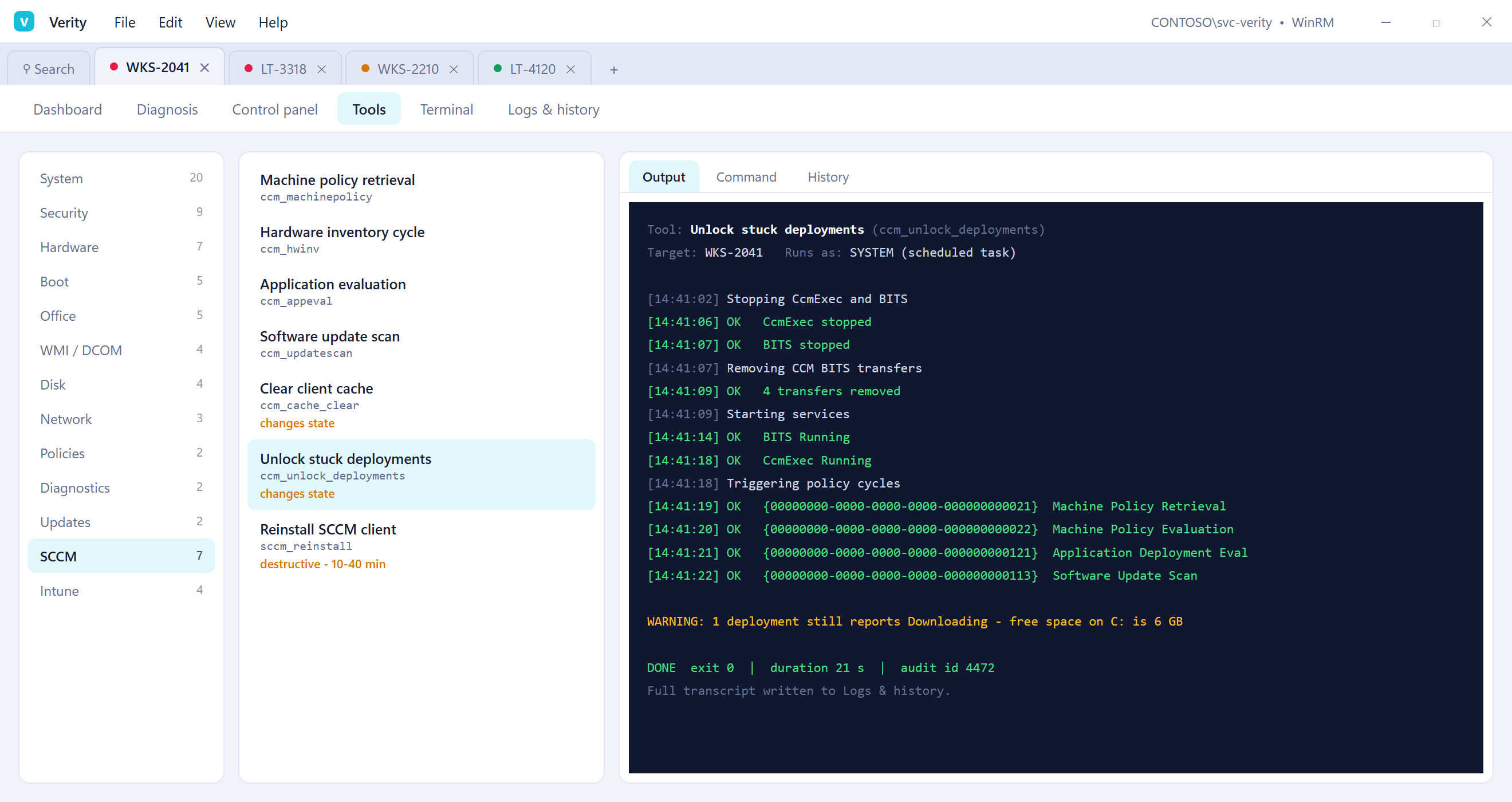 Verity tools view with SCCM actions, command and history tabs, and example output from a deployment repair